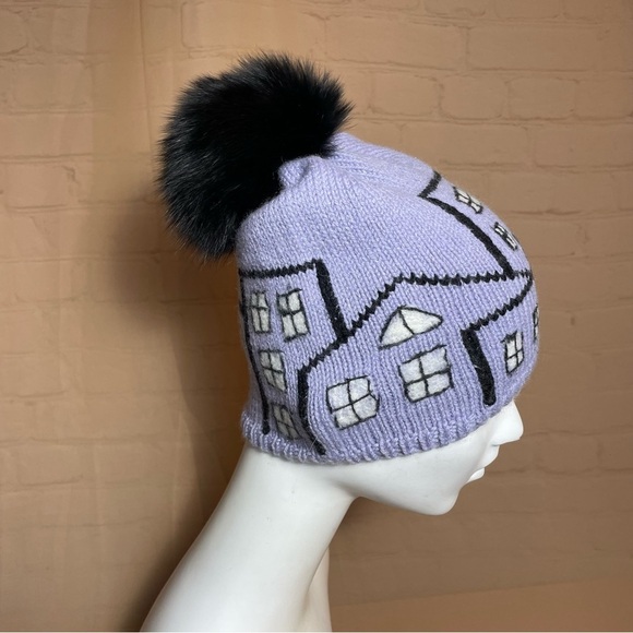 Handmade knit wool hat with houses and real fox detachable pompom